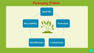 Packaging Points
Shelf life
Protection
Containment
Identification
Recyclability
2
 