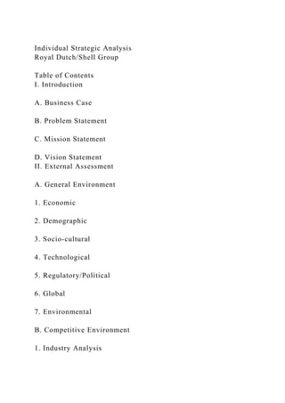 Individual Strategic Analysis
Royal Dutch/Shell Group
Table of Contents
I. Introduction
A. Business Case
B. Problem Statement
C. Mission Statement
D. Vision Statement
II. External Assessment
A. General Environment
1. Economic
2. Demographic
3. Socio-cultural
4. Technological
5. Regulatory/Political
6. Global
7. Environmental
B. Competitive Environment
1. Industry Analysis
 