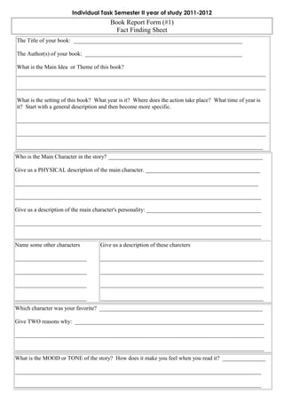 Individual Task Semester II year of study 2011-2012
                                        Book Report Form (#1)
                                          Fact Finding Sheet
The Title of your book: ___________________________________________________________

The Author(s) of your book: _______________________________________________________

What is the Main Idea or Theme of this book?
_______________________________________________________________________________________

_______________________________________________________________________________________

What is the setting of this book? What year is it? Where does the action take place? What time of year is
it? Start with a general description and then become more specific.

________________________________________________________________________________________

_______________________________________________________________________________________

______________________________________________________________________________________
Who is the Main Character in the story? ______________________________________________________

Give us a PHYSICAL description of the main character. ________________________________________

_____________________________________________________________________________________

______________________________________________________________________________________

Give us a description of the main character's personality: ________________________________________

______________________________________________________________________________________

______________________________________________________________________________________
Name some other characters         Give us a description of these charcters

_________________________          _________________________________________________________

_________________________          _________________________________________________________

_________________________          _________________________________________________________

_________________________          _________________________________________________________
Which character was your favorite? _________________________________________________________

Give TWO reasons why: __________________________________________________________________

_______________________________________________________________________________________

_______________________________________________________________________________________
What is the MOOD or TONE of the story? How does it make you feel when you read it? _______________

______________________________________________________________________________________

______________________________________________________________________________________
 