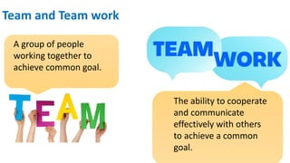 Team and Team work
A group of people
working together to
achieve common goal.
The ability to cooperate
and communicate
effectively with others
to achieve a common
goal.
 
