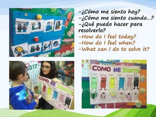 -¿Cómo me siento hoy?
-¿Cómo me siento cuando…?
-¿Qué puedo hacer para
resolverlo?
-How do I feel today?
-How do I feel when?
-What can I do to solve it?
 