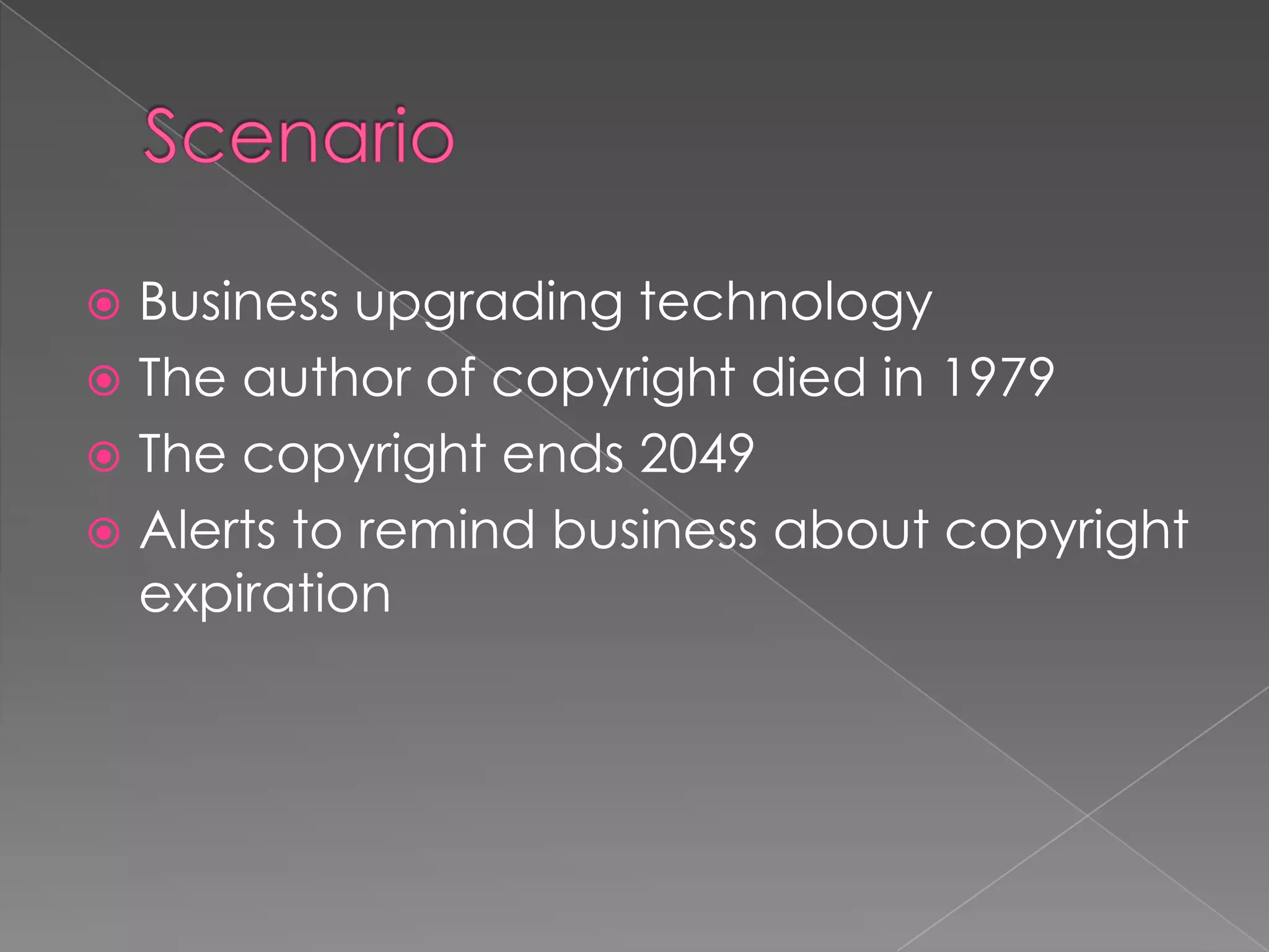  Business upgrading technology
 The author of copyright died in 1979
 The copyright ends 2049
 Alerts to remind business about copyright
expiration
 