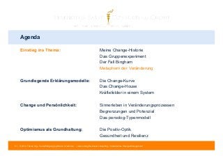 Agenda 
Einstieg ins Thema: Meine Change-Historie 
Das Gruppenexperiment 
Der Fall Bingham 
Metaphern der Veränderung 
Grundlegende Erklärungsmodelle: Die Change-Kurve 
Das Change-House 
Kräftefelder in einem System 
Change und Persönlichkeit: Sinnerleben in Veränderungsprozessen 
Begrenzungen und Potenzial 
Das persolog-Typenmodell 
Optimismus als Grundhaltung: Die Positiv-Optik 
Gesundheit und Resilienz 
10 | © 2014 Tobias Illig - Vervielfältigung jeglicher Art verboten | www.strengths-based.consulting | Individuelles Change Management 
 