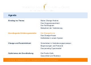 Agenda 
Einstieg ins Thema: Meine Change-Historie 
Das Gruppenexperiment 
Der Fall Bingham 
Metaphern der Veränderung 
Grundlegende Erklärungsmodelle: Die Change-Kurve 
Das Change-House 
Kräftefelder in einem System 
Change und Persönlichkeit: Sinnerleben in Veränderungsprozessen 
Begrenzungen und Potenzial 
Das persolog-Typenmodell 
Optimismus als Grundhaltung: Die Positiv-Optik 
Gesundheit und Resilienz 
11 | © 2014 Tobias Illig - Vervielfältigung jeglicher Art verboten | www.strengths-based.consulting | Individuelles Change Management 
 