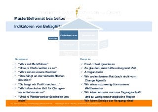 Mastertitelformat bearbeiten 
Indikatoren von Behaglichkeit 
Contentment room Renewal room 
Denial room Confusion room 
Sun lounge 
Wrong 
direction 
door 
Dungeon of 
Despair 
Paralysis Pit 
Was wir sagen: Was wir tun 
 “Wir sind Marktführer” 
 “Unsere Chefs wollen es so” 
 “Wir kennen unsere Kunden” 
 “Das hängt an der wirtschaftlichen 
Situation” 
 “So lange wir Profit machen…” 
 “Wir haben keine Zeit für Change – 
verschieben wir es” 
 “Unsere Wettbewerber überholen uns 
nicht” 
 Das Umfeld ignorieren 
 Zu glauben, man hätte unbegrenzt Zeit 
 Arrogant sein 
 Wir wollen keinen Rat (auch nicht vom 
Change Agent!) 
 Wir wissen zu wenig über unsere 
Wettbewerber 
 Wir kümmern uns nur ums Tagesgeschäft 
und zu wenig um strategische Fragen 
 Wir feiern Erfolge der Vergangenheit 
16 | © 2014 Tobias Illig - Vervielfältigung jeglicher Art verboten | www.strengths-based.consulting | Individuelles Change Management 
 