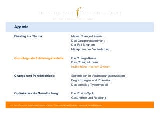 Agenda 
Einstieg ins Thema: Meine Change-Historie 
Das Gruppenexperiment 
Der Fall Bingham 
Metaphern der Veränderung 
Grundlegende Erklärungsmodelle: Die Change-Kurve 
Das Change-House 
Kräftefelder in einem System 
Change und Persönlichkeit: Sinnerleben in Veränderungsprozessen 
Begrenzungen und Potenzial 
Das persolog-Typenmodell 
Optimismus als Grundhaltung: Die Positiv-Optik 
Gesundheit und Resilienz 
20 | © 2014 Tobias Illig - Vervielfältigung jeglicher Art verboten | www.strengths-based.consulting | Individuelles Change Management 
 