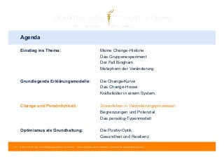 Agenda 
Einstieg ins Thema: Meine Change-Historie 
Das Gruppenexperiment 
Der Fall Bingham 
Metaphern der Veränderung 
Grundlegende Erklärungsmodelle: Die Change-Kurve 
Das Change-House 
Kräftefelder in einem System 
Change und Persönlichkeit: Sinnerleben in Veränderungsprozessen 
Begrenzungen und Potenzial 
Das persolog-Typenmodell 
Optimismus als Grundhaltung: Die Positiv-Optik 
Gesundheit und Resilienz 
25 | © 2014 Tobias Illig - Vervielfältigung jeglicher Art verboten | www.strengths-based.consulting | Individuelles Change Management 
 