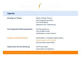 Agenda 
Einstieg ins Thema: Meine Change-Historie 
Das Gruppenexperiment 
Der Fall Bingham 
Metaphern der Veränderung 
Grundlegende Erklärungsmodelle: Die Change-Kurve 
Das Change-House 
Kräftefelder in einem System 
Change und Persönlichkeit: Sinnerleben in Veränderungsprozessen 
Begrenzungen und Potenzial 
Das persolog-Typenmodell 
Optimismus als Grundhaltung: Die Positiv-Optik 
Gesundheit und Resilienz 
30 | © 2014 Tobias Illig - Vervielfältigung jeglicher Art verboten | www.strengths-based.consulting | Individuelles Change Management 
 