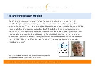 Veränderung ist kaum möglich 
„Persönlichkeit ist danach von vier großen Determinanten bestimmt, nämlich von der 
individuellen genetischen Ausrüstung, den Eigenheiten der individuellen (vornehmlich 
vorgeburtlichen und frühen nachgeburtlichen) Hirnentwicklung, den vorgeburtlichen und frühen 
nachgeburtlichen Erfahrungen, besonders den frühkindlichen Bindungserfahrungen, und 
schließlich von den psychosozialen Einflüssen während des Kindes- und Jugendalters. Aus 
dem Modell der unterschiedlichen Ebenen der Persönlichkeit des Gehirns und ihrer ganz 
spezifischen Dynamik und Plastizität ergeben sich die Bedingungen für Entscheidungen und 
auch die Möglichkeiten und Grenzen der Veränderung des Verhaltens anderer und des 
Individuums selbst.“ 
(Roth, G.: Persönlichkeit, Entscheidung und Verhalten. Warum es so schwierig ist, 
sich und andere zu verändern. Stuttgart: Klett-Cotta 2011, S. 8) 
32 | © 2014 Tobias Illig - Vervielfältigung jeglicher Art verboten | www.strengths-based.consulting | Individuelles Change Management 
 