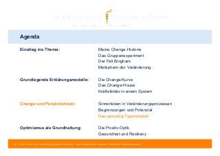 Agenda 
Einstieg ins Thema: Meine Change-Historie 
Das Gruppenexperiment 
Der Fall Bingham 
Metaphern der Veränderung 
Grundlegende Erklärungsmodelle: Die Change-Kurve 
Das Change-House 
Kräftefelder in einem System 
Change und Persönlichkeit: Sinnerleben in Veränderungsprozessen 
Begrenzungen und Potenzial 
Das persolog-Typenmodell 
Optimismus als Grundhaltung: Die Positiv-Optik 
Gesundheit und Resilienz 
36 | © 2014 Tobias Illig - Vervielfältigung jeglicher Art verboten | www.strengths-based.consulting | Individuelles Change Management 
 