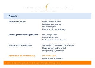 Agenda 
Einstieg ins Thema: Meine Change-Historie 
Das Gruppenexperiment 
Der Fall Bingham 
Metaphern der Veränderung 
Grundlegende Erklärungsmodelle: Die Change-Kurve 
Das Change-House 
Kräftefelder in einem System 
Change und Persönlichkeit: Sinnerleben in Veränderungsprozessen 
Begrenzungen und Potenzial 
Das persolog-Typenmodell 
Optimismus als Grundhaltung: Die Positiv-Optik 
Gesundheit und Resilienz 
62 | © 2014 Tobias Illig - Vervielfältigung jeglicher Art verboten | www.strengths-based.consulting | Individuelles Change Management 
 