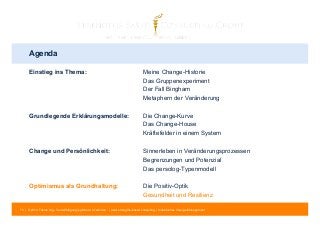 Agenda 
Einstieg ins Thema: Meine Change-Historie 
Das Gruppenexperiment 
Der Fall Bingham 
Metaphern der Veränderung 
Grundlegende Erklärungsmodelle: Die Change-Kurve 
Das Change-House 
Kräftefelder in einem System 
Change und Persönlichkeit: Sinnerleben in Veränderungsprozessen 
Begrenzungen und Potenzial 
Das persolog-Typenmodell 
Optimismus als Grundhaltung: Die Positiv-Optik 
Gesundheit und Resilienz 
74 | © 2014 Tobias Illig - Vervielfältigung jeglicher Art verboten | www.strengths-based.consulting | Individuelles Change Management 
 