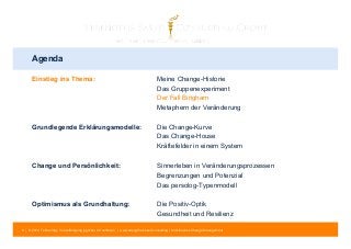 Agenda 
Einstieg ins Thema: Meine Change-Historie 
Das Gruppenexperiment 
Der Fall Bingham 
Metaphern der Veränderung 
Grundlegende Erklärungsmodelle: Die Change-Kurve 
Das Change-House 
Kräftefelder in einem System 
Change und Persönlichkeit: Sinnerleben in Veränderungsprozessen 
Begrenzungen und Potenzial 
Das persolog-Typenmodell 
Optimismus als Grundhaltung: Die Positiv-Optik 
Gesundheit und Resilienz 
8 | © 2014 Tobias Illig - Vervielfältigung jeglicher Art verboten | www.strengths-based.consulting | Individuelles Change Management 
 