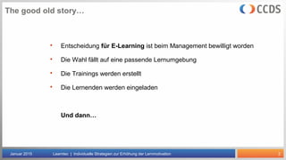 2
 Entscheidung für E-Learning ist beim Management bewilligt worden
 Die Wahl fällt auf eine passende Lernumgebung
 Die Trainings werden erstellt
 Die Lernenden werden eingeladen
Und dann…
The good old story…
Januar 2015 Learntec | Individuelle Strategien zur Erhöhung der Lernmotivation
 