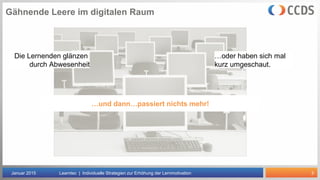 3
Die Lernenden glänzen
durch Abwesenheit
Gähnende Leere im digitalen Raum
Januar 2015 Learntec | Individuelle Strategien zur Erhöhung der Lernmotivation
…und dann…passiert nichts mehr!
…oder haben sich mal
kurz umgeschaut.
 