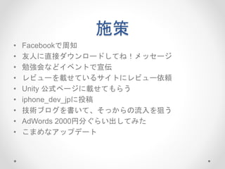 施策
• Facebookで周知
• 友人に直接ダウンロードしてね！メッセージ
• 勉強会などイベントで宣伝
• レビューを載せているサイトにレビュー依頼
• Unity 公式ページに載せてもらう
• iphone_dev_jpに投稿
• 技術ブログを書いて、そっからの流入を狙う
• AdWords 2000円分ぐらい出してみた
• こまめなアップデート
 