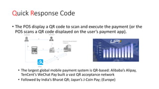 Quick Response Code
• The POS display a QR code to scan and execute the payment (or the
POS scans a QR code displayed on the user’s payment app).
• The largest global mobile payment system is QR-based: Alibaba’s Alipay,
TenCent’s WeChat Pay built a vast QR acceptance network
• Followed by India’s Bharat QR; Japan’s J-Coin Pay; (Europe)
 