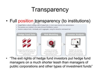 Transparency
• Full position transparency (to institutions)
• “The exit rights of hedge fund investors put hedge fund
managers on a much shorter leash than managers of
public corporations and other types of investment funds”
 