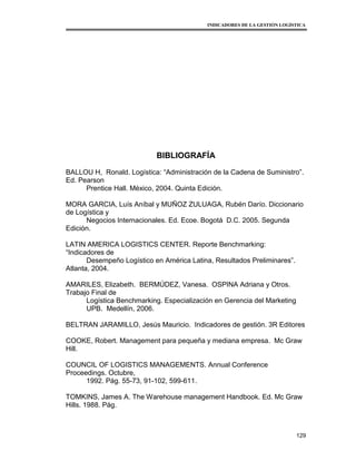 INDICADORES DE LA GESTIÓN LOGÍSTICA




                            BIBLIOGRAFÍA
BALLOU H, Ronald. Logística: “Administración de la Cadena de Suministro”.
Ed. Pearson
      Prentice Hall. México, 2004. Quinta Edición.

MORA GARCIA, Luís Aníbal y MUÑOZ ZULUAGA, Rubén Darío. Diccionario
de Logística y
      Negocios Internacionales. Ed. Ecoe. Bogotá D.C. 2005. Segunda
Edición.

LATIN AMERICA LOGISTICS CENTER. Reporte Benchmarking:
“Indicadores de
       Desempeño Logístico en América Latina, Resultados Preliminares”.
Atlanta, 2004.

AMARILES, Elizabeth. BERMÚDEZ, Vanesa. OSPINA Adriana y Otros.
Trabajo Final de
      Logística Benchmarking. Especialización en Gerencia del Marketing
      UPB. Medellín, 2006.

BELTRAN JARAMILLO, Jesús Mauricio. Indicadores de gestión. 3R Editores

COOKE, Robert. Management para pequeña y mediana empresa. Mc Graw
Hill.

COUNCIL OF LOGISTICS MANAGEMENTS. Annual Conference
Proceedings. Octubre,
      1992. Pág. 55-73, 91-102, 599-611.

TOMKINS, James A. The Warehouse management Handbook. Ed. Mc Graw
Hills. 1988. Pág.



                                                                          129
 