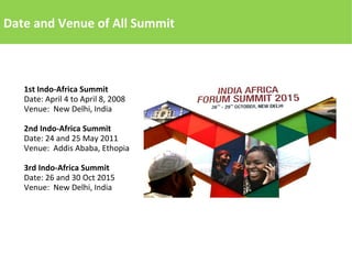 Date and Venue of All Summit
1st Indo-Africa Summit
Date: April 4 to April 8, 2008
Venue: New Delhi, India
2nd Indo-Africa Summit
Date: 24 and 25 May 2011
Venue: Addis Ababa, Ethopia
3rd Indo-Africa Summit
Date: 26 and 30 Oct 2015
Venue: New Delhi, India
 