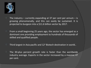  The industry – currently expanding at 37 per cent per annum – is
growing phenomenally, and this can easily be sustained. It is
projected to burgeon into a $11.6 billion sector by 2017.
 From a small beginning 25 years ago, the sector has emerged as a
dominant one providing employment to hundreds of thousands of
skilled and qualified people.
 Third largest in Asia pacific and 12th
Biotech destination in world..
 The 30-plus percent growth rate is faster than the worldwide
industry average. Exports in the sector increased by a massive 47
per cent.
 