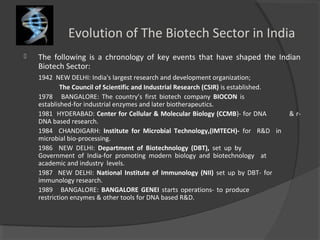 Evolution of The Biotech Sector in India
 The following is a chronology of key events that have shaped the Indian
Biotech Sector:
1942 NEW DELHI: India's largest research and development organization;
The Council of Scientific and Industrial Research (CSIR) is established.
1978 BANGALORE: The country’s first biotech company BIOCON is
established-for industrial enzymes and later biotherapeutics.
1981 HYDERABAD: Center for Cellular & Molecular Biology (CCMB)- for DNA & r-
DNA based research.
1984 CHANDIGARH: Institute for Microbial Technology,(IMTECH)- for R&D in
microbial bio-processing.
1986 NEW DELHI: Department of Biotechnology (DBT), set up by
Government of India-for promoting modern biology and biotechnology at
academic and industry levels.
1987 NEW DELHI: National Institute of Immunology (NII) set up by DBT- for
immunology research.
1989 BANGALORE: BANGALORE GENEI starts operations- to produce
restriction enzymes & other tools for DNA based R&D.
 