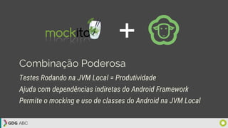 +
Combinação Poderosa
Testes Rodando na JVM Local = Produtividade
Ajuda com dependências indiretas do Android Framework
Permite o mocking e uso de classes do Android na JVM Local
 