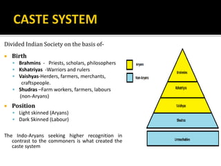Divided Indian Society on the basis of-
 Birth
 Brahmins - Priests, scholars, philosophers
 Kshatriyas -Warriors and rulers
 Vaishyas-Herders, farmers, merchants,
craftspeople.
 Shudras –Farm workers, farmers, labours
(non-Aryans)
 Position
 Light skinned (Aryans)
 Dark Skinned (Labour)
The Indo-Aryans seeking higher recognition in
contrast to the commoners is what created the
caste system
 