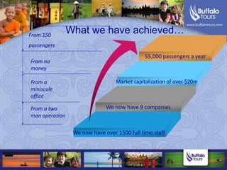55,000 passengers a yearMarket capitalization of over $20mWe now have 9 companiesWe now have over 1500 full time staffWhat we have achieved…From 150 passengersFrom no moneyFrom a miniscule officeFrom a two man operation