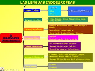 LAS LENGUAS INDOEUROPEAS EL INDOEUROPEO (Protoindoeuropeo) Lenguas germánicas Lenguas helénicas Lenguas célticas Lenguas indoiranias Lenguas baltoeslavas Lenguas Itálicas Otras ramas LATÍN Osco Umbro Griego Micénico> Griego Clásico> Griego común> Griego moderno Lenguas escandinavas: sueco, danés, noruego e islandés. Alto alemán: Alemán moderno. Bajo Alemán: Inglés, Holandés y Flamenco. Gaélico. Británico: Galés, Córnico y Bretón El Hindi(Indio antiguo): Sánscrito. Lenguas iranias: Persa, Avéstico. Rama India Moderna: Indio moderno Lenguas Eslavas: Ruso, Macedonio, Búlgaro, Servocroata,Polaco, Checo y Eslovaco. Lenguas Bálticas: Lituano, Letón y Prusiano antiguo. Albanés Armenio LENGUAS ROMANCES O ROMÁNICAS © Mario del Río González 