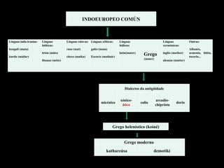 INDOEUROPEO COMÚN Linguas indo-iranias:   bengalí (mata)   kurdo (mádar) Linguas bálticas:   letón (mâte)   lituano (móte) Linguas eslavas:   ruso (mat)   checo (matka) Linguas célticas:   galés (mam)   Escocés (mathair) Linguas itálicas:   latín(mater)     Grego (mater)       Linguas xermánicas:   inglés (mother)   alemán (mutter) Outras:   Albanés, armenio, hitita, tocario... Dialectos da antigüidade micénico xónico- ático eolio arcadio-chipriota dorio Grego helenístico (koiné) Grego moderno  kathareúsa demotikí 