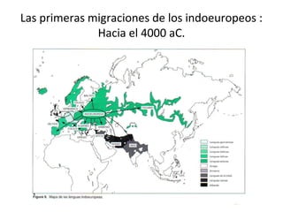 Las primeras migraciones de los indoeuropeos : 
Hacia el 4000 aC. 
 