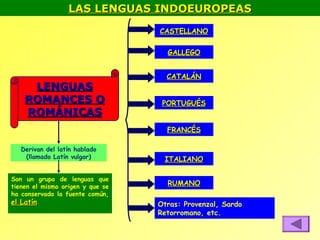 LAS LENGUAS INDOEUROPEAS
                                  CASTELLANO


                                    GALLEGO


                                    CATALÁN
     LENGUAS
    ROMANCES O                     PORTUGUÉS
    ROMÁNICAS
                                    FRANCÉS

   Derivan del latín hablado
    (llamado Latín vulgar)         ITALIANO

Son un grupo de lenguas que
tienen el mismo origen y que se     RUMANO
ha conservado la fuente común,
el Latín                          Otras: Provenzal, Sardo,
                                  Retorromano, etc.
 