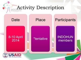 Activity Description
Date

8-10 April
2014

Place

Participants

*tentative

INDOHUN
members

 