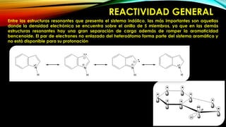 REACTIVIDAD GENERAL
Entre las estructuras resonantes que presenta el sistema indólico, las más importantes son aquellas
donde la densidad electrónica se encuentra sobre el anillo de 5 miembros, ya que en las demás
estructuras resonantes hay una gran separación de carga además de romper la aromaticidad
bencenoide. El par de electrones no enlazado del heteroátomo forma parte del sistema aromático y
no está disponible para su protonación
 