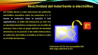 Los indoles llevan a cabo reacciones de sustitución
electrofílica aromática sobre las posiciones 2 y 3,
siendo la sustitución sobre la posición 3 más
regioselectiva; el anillo del heterociclo es más rico
en densidad electrónica comparado con el anillo de
benceno. Pero si hay un grupo atractor de densidad
electrónica en la posición 3 del anillo heterocíclico,
la sustitución electrofílica aromática se lleva a cabo
en el anillo de benceno.
E+
Posiciones C2 C3 mas susceptible SAE
Mas regio selective es C3
Reactividad del indol frente a electrófilos.
 