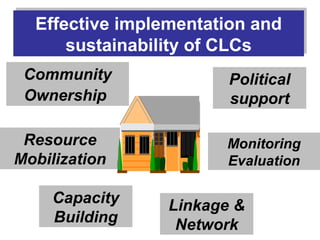 Effective implementation and
  Effective implementation and
      sustainability of CLCs
      sustainability of CLCs
 Community             Political
 Ownership             support

 Resource              Monitoring
Mobilization           Evaluation

    Capacity    Linkage &
    Building     Network
 