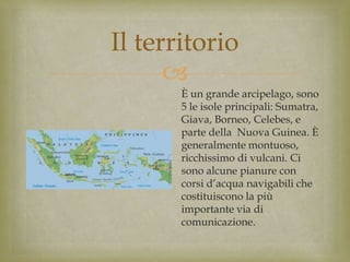 
Il territorio
È un grande arcipelago, sono
5 le isole principali: Sumatra,
Giava, Borneo, Celebes, e
parte della Nuova Guinea. È
generalmente montuoso,
ricchissimo di vulcani. Ci
sono alcune pianure con
corsi d’acqua navigabili che
costituiscono la più
importante via di
comunicazione.
 