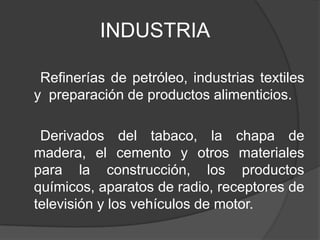INDUSTRIA
Refinerías de petróleo, industrias textiles
y preparación de productos alimenticios.
Derivados del tabaco, la chapa de
madera, el cemento y otros materiales
para la construcción, los productos
químicos, aparatos de radio, receptores de
televisión y los vehículos de motor.
 