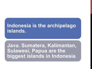 Indonesia is the archipelago islands. 
Java. Sumatera, Kalimantan, Sulawesi, Papua are the biggest islands in Indonesia  