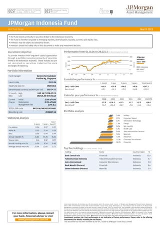 Risk
           Asset Management Company                   Indonesia Equity
           in Asia - 2009 to 2012 3)                  Fund4)                                                                               1 2 3 4 5




JPMorgan Indonesia Fund
Unit Trust Range                                                                                                                                                                                                     March 2013

 •	 The Fund invests primarily in securities linked to the Indonesian economy.
 •	 The Fund is therefore exposed to emerging markets, diversification, liquidity, currency and equity risks.
 •	 Investors may be subject to substantial losses.
 •	 Investors should not solely rely on this document to make any investment decision.


Investment objective                                               Performance from 01.11.06 to 28.02.13 (in denominated currency)
To provide investors with long-term capital appreciation
                                                                               400                                                                                                             300               JPMorgan
through a portfolio consisting primarily of securities
                                                                                                                                                                                                                 Indonesia
linked to the Indonesian economy. These include, but are                       300                                                                                                             200               (acc) - USD




                                                                                                                                                                                                      % CHANGE
not restricted to, securities traded on the stock
                                                                     REBASED
exchanges of Indonesia.                                                        200                                                                                                             100
                                                                                                                                                                                                                 MSCI Indonesia
                                                                               100                                                                                                             0                 Net Index1)
Portfolio information
                                                                                0         07            08            09                  10            11          12            13           -100
                                                                                     06
Fund manager                        Sarinee Sernsukskul/
                                   Pauline Ng, Singapore           Cumulative performance % (in denominated currency)
Launch date                                        01.11.06                                                                   	            1 month	            1 year	         3 years	            5 years	               Since launch
Total fund size (m)                            USD 130.3             (acc) - USD Class                                                	        +10.9	          +20.8	          +98.3	                 +81.6	               +247.3
Denominated currency and NAV per unit          USD 34.73             Benchmark1)                                                      	        +10.1	          +14.9	          +70.1	                 +54.8	                +191.0

12 month	 High                     USD 34.73 (28.02.13)
NAV:	     Low                      USD 25.30 (04.06.12)            Calendar year performance % (in denominated currency)
Current	       Initial                      5.0% of NAV                                                                                        	2008	         2009	         2010	             2011	               2012	       2013YTD
charge:	       Redemption                   0.5% of NAV              (acc) - USD Class                                            	            -57.9	        +134.5	       +51.5	             +2.7	              +11.3         +14.4
		             Management fee                  1.5% p.a.             Benchmark1)                                                  	            -56.7	        +126.4	       +34.7	             +5.8	               +4.6         +12.6
SEDOL/ISIN code                 B425YN1/HK0000055662
Bloomberg code                               JFINDOF HK            Portfolio analysis
                                                                                                                                                                       2.4%         Utilities
Statistical analysis                                                                                                                                                   2.9%         Consumer Staples
                                                                                                                                                                       3.1%         Information Technology
                           			 Since
                           	 3 years	 5 years	 launch2)                                                                                                                3.3%         Energy
                                                                                                                                                                       3.8%         Net Liquidity
Correlation                	      0.96	    0.97	      0.97
                                                                                                                                                                       4.1%         Health Care
Alpha %                    	      0.50	    0.34	      0.38                                                                                                             9.6%         Telecommunication Services
Beta                       	      0.96	    0.99	      0.99                                                                                                             9.8%         Materials
Annual volatility %        	     21.86	   37.78	      35.32                                                                                                            11.1%        Industrials
Sharpe ratio               	      1.16	    0.32	       0.57                                                                                                            13.5%        Consumer Discretionary
                                                                                                                                                                       36.1%        Financials
Annual tracking error %    	      6.06	    8.54	      8.48
Average annual return %    	     25.64	   12.68	      21.73
                                                                   Top ﬁve holdings (as at end January 2013)
                                                                     Holding	                                                             Sector	                                                     Country/region	             %
                                                                     Bank Central Asia                                                    Financials	                                                 Indonesia	                10.0
                                                                     Telekomunikasi Indonesia                                             Telecommunication Services	                                 Indonesia	                  9.7
                                                                     Astra International                                                  Consumer Discretionary	                                     Indonesia	                  9.0
                                                                     Bank Mandiri (Persero)                                               Financials	                                                 Indonesia	                  8.6
                                                                     Semen Indonesia (Persero)                                            Materials	                                                  Indonesia	                  5.9




                                                                    Unless stated otherwise, all information as at the last valuation date of the previous month. Source: J.P. Morgan Asset Management/Thomson Reuters Datastream
                                                                    (NAV to NAV in denominated currency with income reinvested). Source of star rating: Morningstar, Inc. Risk ratings (if any) are based on J.P. Morgan Asset
                                                                    Management's assessment of relative risk by asset class and is subject to change. This is for reference only. Any overweight in any investment holding exceeding the
                                                                                                                                                                                                                                             122




                                                                    limit set out in the Investment Restrictions was due to market movements and will be rectified shortly. Top ten holdings is available upon request. It should be noted
                                                                    that due to the difference of the fund domiciles the valuation points used by Unit Trust range and SICAV range of funds for fair valuation (where applied) may vary.
                                                                    For details please refer to the respective offering document(s). 1)Dividends reinvested after deduction of withholding tax. 2)With the exception of the "Average
       For more information, please contact                         annual return" figure, all data are calculated from the month end after inception. 3)The Asset Triple A Investment Awards. For 2011, the award is 'Asset
                                                                    Management Company of the Year, Asia – Retail'. 4)Benchmark Fund of the Year Awards 2011 (reflect fund performance as of end-October 2011).
        your bank, financial adviser or visit                       Investment involves risk. Past performance is not indicative of future performance. Please refer to the offering
              www.jpmorganam.com.hk                                 document(s) for details, including the risk factors.
                                                                    This document has not been reviewed by the SFC. Issued by JPMorgan Funds (Asia) Limited.
 