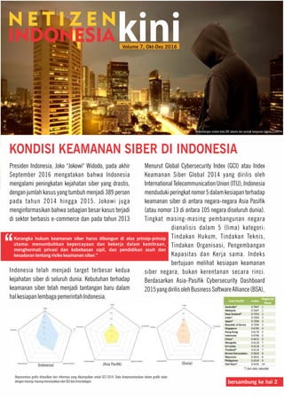 KONDISI KEAMANAN SIBER DI INDONESIA
Presiden Indonesia, Joko "Jokowi" Widodo, pada akhir
September 2016 mengatakan bahwa Indonesia
mengalami peningkatan kejahatan siber yang drastis,
dengan jumlah kasus yang tumbuh menjadi 389 persen
pada tahun 2014 hingga 2015. Jokowi juga
menginformasikan bahwa sebagian besar kasus terjadi
di sektor berbasis e-commerce dan pada tahun 2013
Indonesia telah menjadi target terbesar kedua
kejahatan siber di seluruh dunia. Kebutuhan terhadap
keamanan siber telah menjadi tantangan baru dalam
halkesiapanlembagapemerintahIndonesia.
Menurut Global Cybersecurity Index (GCI) atau Index
Keamanan Siber Global 2014 yang dirilis oleh
InternationalTelecommunicationUnion(ITU),Indonesia
mendudukiperingkatnomor5dalamkesiapanterhadap
keamanan siber di antara negara-negara Asia Pasik
(atau nomor 13 di antara 105 negara diseluruh dunia).
Tingkat masing-masing pembangunan negara
dianalisis dalam 5 (lima) kategori:
Tindakan Hukum, Tindakan Teknis,
Tindakan Organisasi, Pengembangan
Kapasitas dan Kerja sama. Indeks
bertujuan melihat kesiapan keamanan
siber negara, bukan kerentanan secara rinci.
Berdasarkan Asia-Pasik Cybersecurity Dashboard
2015yangdirilisolehBusinessSoftwareAlliance(BSA),
Pemandangan malam kota DKI Jakarta dari puncak bangunan (photo:123RF)
bersambung ke hal 2
(Indonesia) (Dunia)(Asia Pasik)
Representasi gras dihasilkan dari informasi yang dikumpulkan untuk GCI 2014. Data direpresentasikan dalam grak radar
denganmasing-masingmenunjukkanskorGCIdarilimakategori.
*) dari data sekunder
Volume 7, Okt-Des 2016
 