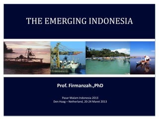 THE EMERGING INDONESIA




       Prof. Firmanzah.,PhD

           Pasar Malam Indonesia 2013
     Den Haag – Netherland, 20-24 Maret 2013
 