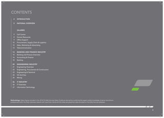 3 
Methodology: Salary figures included in the 2014/15 Kelly Services Salary Guide are derived by combining the expert market knowledge of senior recruitment 
professionals within the Kelly Indonesia network with input from clients and the latest job placement data recorded on the Kelly Services database. 
CONTENTS 
4 INTRODUCTION 
5 NATIONAL OVERVIEW 
SALARIES 
7 Call Centre 
8 Human Resources 
9 Office Support 
10 Procurement, Supply Chain & Logistics 
12 Sales, Marketing & Advertising 
13 Telecommunication 
14 BANKING AND FINANCE INDUSTRY 
15 Banking and Finance Overview 
16 Accounting & Finance 
18 Banking 
20 ENGINEERING INDUSTRY 
21 Engineering Overview 
22 Engineering, Procurement & Construction 
23 Engineering & Technical 
24 Oil And Gas 
25 Mining 
26 IT INDUSTRY 
26 IT Overview 
27 Information Technology 
 