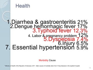 Health
13
Morbidity Cause
* Ministry of Health of the Republic of Indonesia, 2011 - Main causes of morbidity taken from 10 top diseases in the inpatient hospital
1.Diarrhea & gastroenteritis 21%
3.Typhoid fever 12.3%
2.Dengue hemorrhagic fever 17%
4. Labor & pregnancy problem 12%
5.Dyspepsia 7.4%
6.Injury 6.5%
7. Essential hypertension 5.9%
 