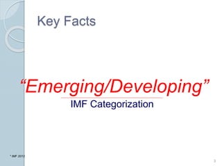Key Facts
Emerging/Developing
3
IMF Categorization
* IMF 2012
 