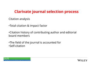 Clarivate journal selection process
Citation analysis
•Total citation & impact factor
•Citation history of contributing author and editorial
board members
•The field of the journal is accounted for
•Self-citation
 