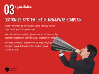 03
Buat  minimal  15  jawaban  yang  intinya  sama  
tapi  beda  penyampaiannya.
customize system untuk menjawab komplain
Konten  jawaban  sebaiknya  dibuat  singkat  
dangan  gaya  bahasa  tutur  bukan  gaya  
bahasa  tulis.
6 jam kedua
Koordinasikan  system  jawaban  ini  di  semua  lini  
seperti  customer  service  atau  customer  care.
 