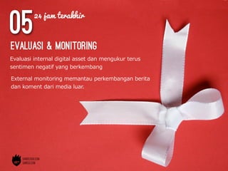 05
Evaluasi  internal  digital  asset  dan  mengukur  terus  
sentimen  negatif  yang  berkembang
evaluasi & monitoring
External  monitoring  memantau  perkembangan  berita  
dan  koment  dari  media  luar.
24 jam terakhir
 