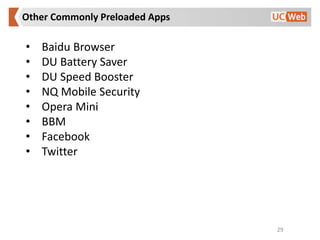 Other Commonly Preloaded Apps
29
• Baidu Browser
• DU Battery Saver
• DU Speed Booster
• NQ Mobile Security
• Opera Mini
•...
